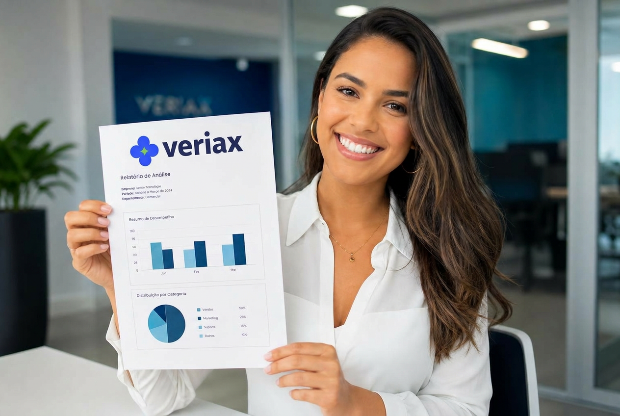 Profissional sorrindo segurando relatório Veriax